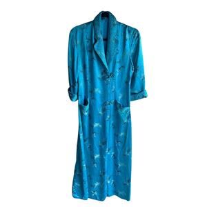 Vintage Women's Chinese Floral Brocade Robe Frog Closure Blue Size LARGE